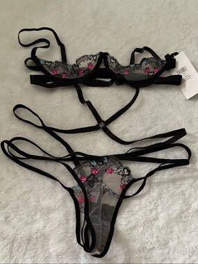 POPSI LINGERIE Black Sheer Embroidered Strappy Bra & Thong Set - Pink Accent L
